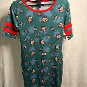 LuLaRoe Green Floral Mini Dress with Red Trim